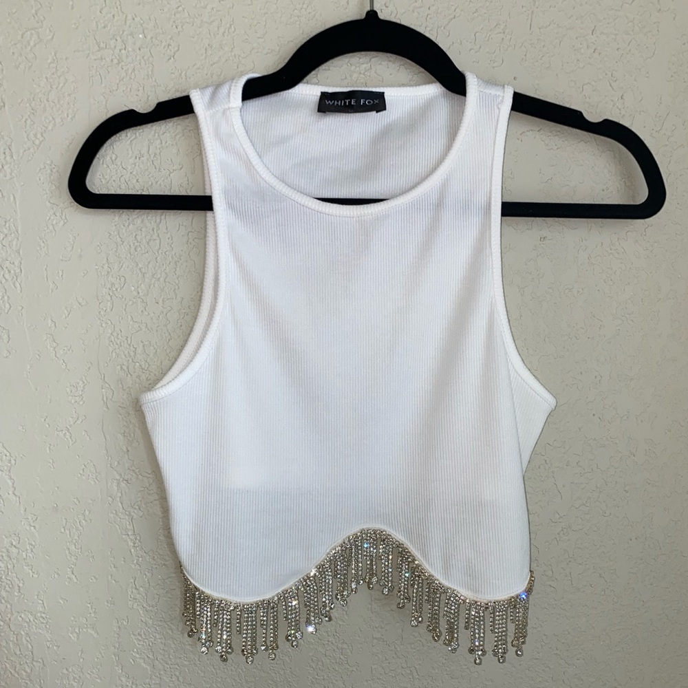 White Fox Boutique White Tank Top with Beaded Fringe